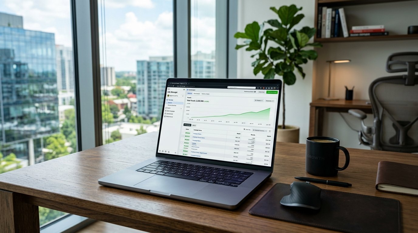 A premium laptop displaying a secure, active Facebook Ads Manager dashboard on an office desk