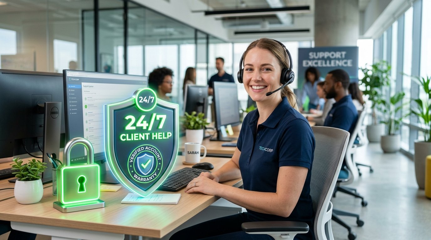 A friendly tech support agent next to a glowing security padlock representing secure transaction warranty buy verified bitpay accounts