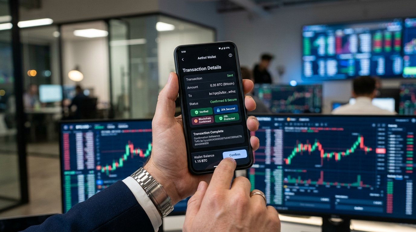 A close up of a smartphone screen displaying verified cryptocurrency transactions and secure wallets