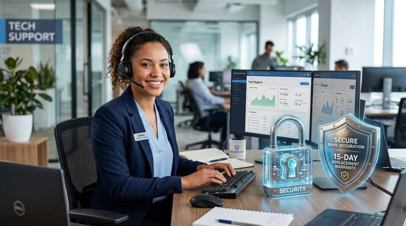 A friendly tech support specialist next to a secure padlock representing direct debit account warranty Buy verified gocardless accounts