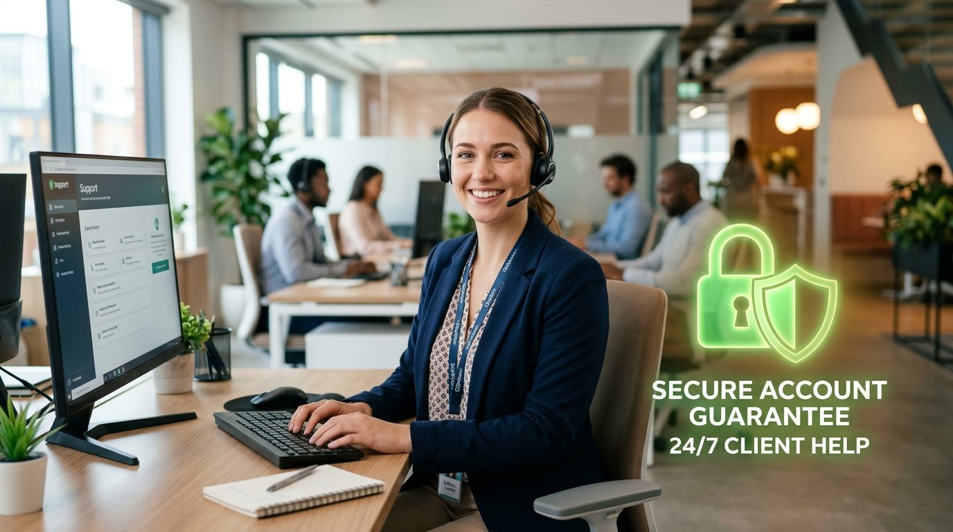 A friendly tech support representative next to a secure padlock representing global mobile banking warranty