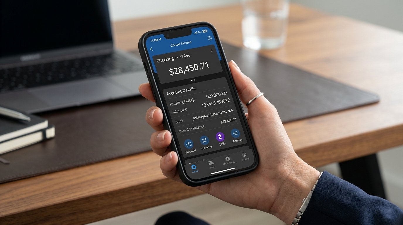 A smartphone screen displaying secure USD routing and account numbers for international direct deposits