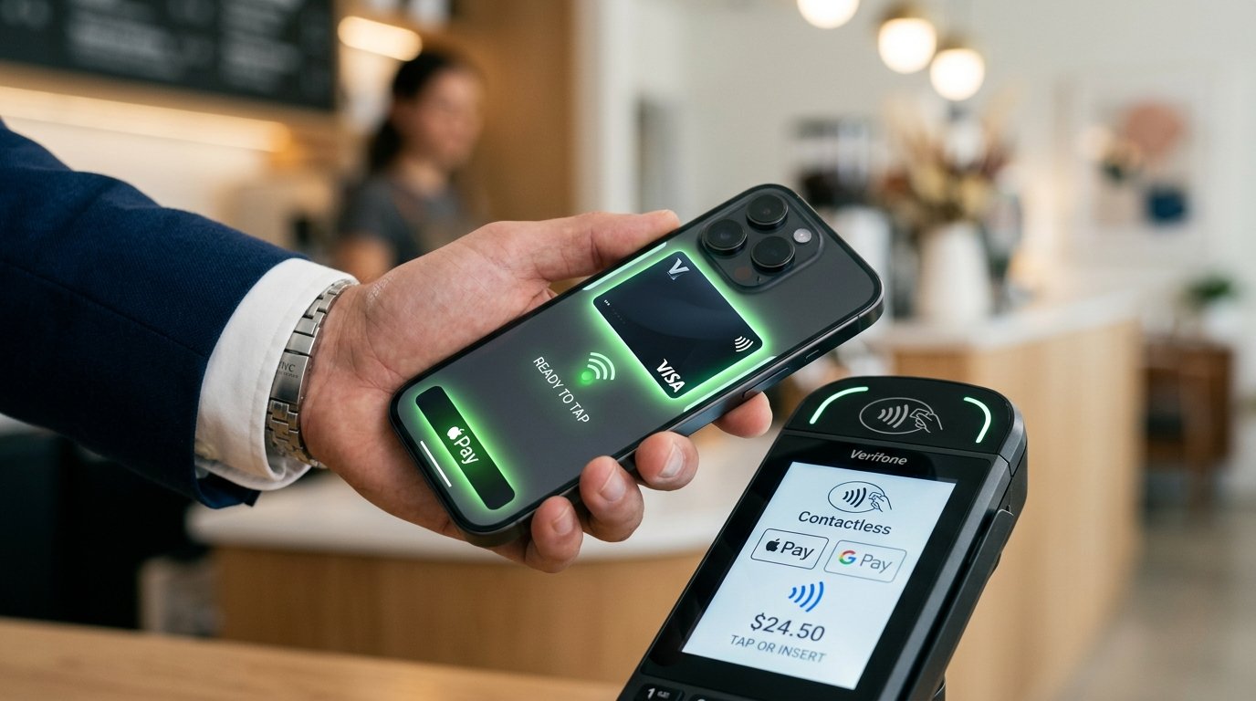 A smartphone screen displaying multiple digital currency wallets and contactless payment setup