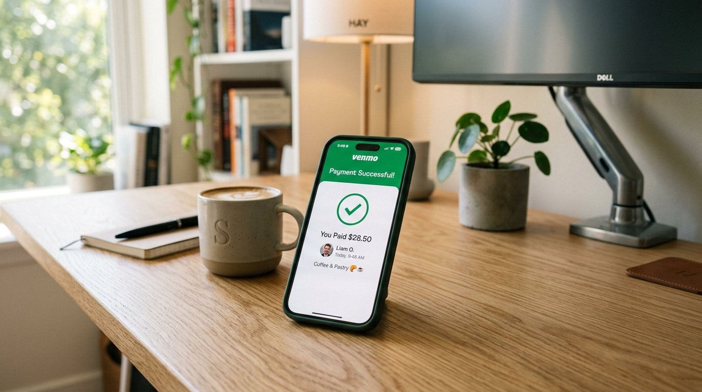 An iPhone displaying a successful secure Venmo transfer on a modern desk