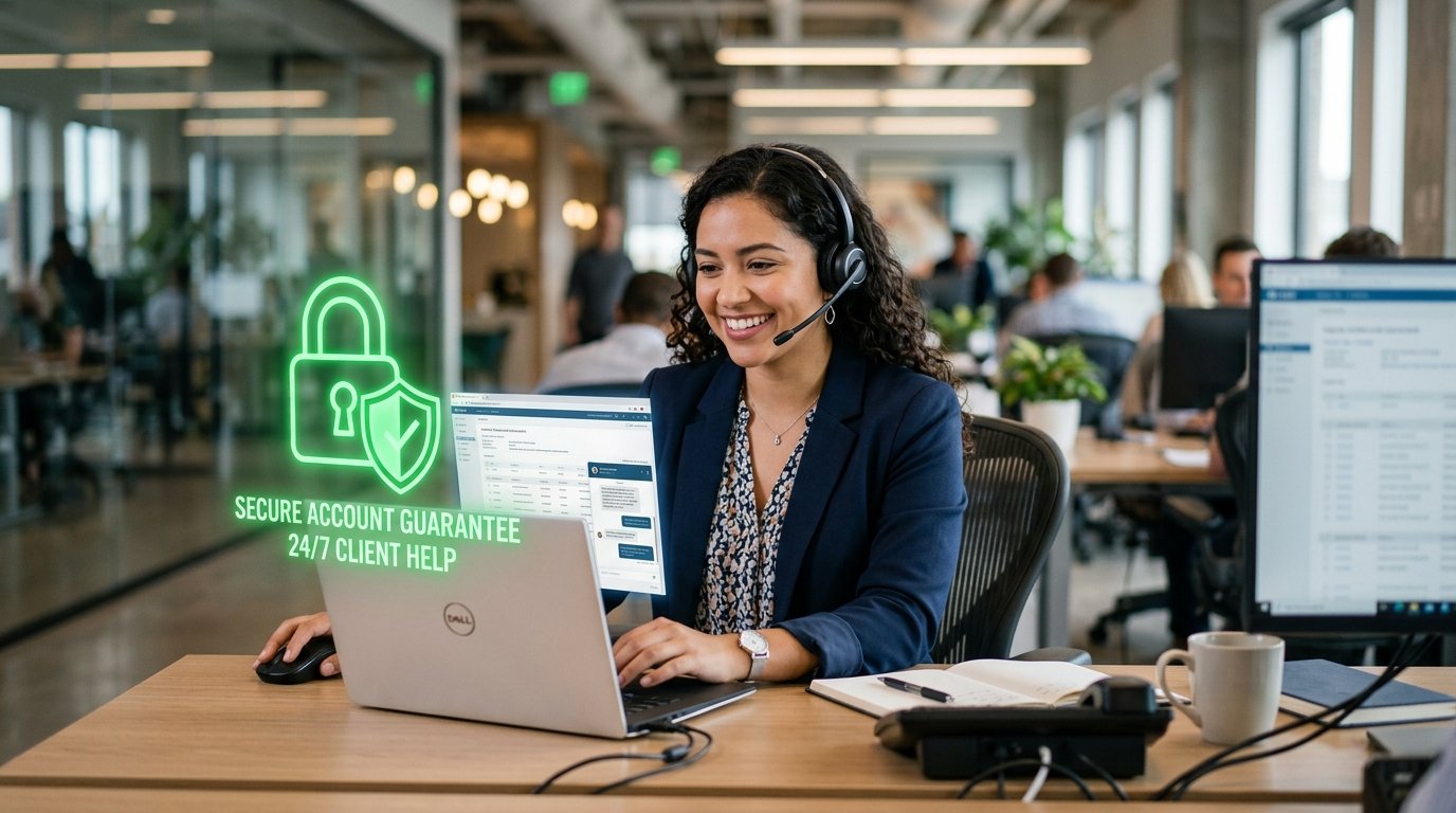 A friendly tech support representative next to a secure padlock representing global account warranty