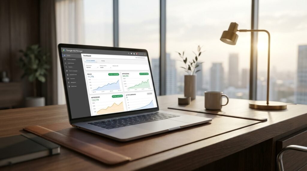 A premium laptop displaying a secure, active Google Ads Manager dashboard on an office desk