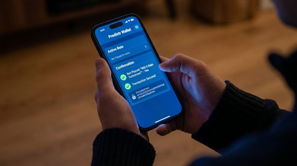 Smartphone screen displaying an active decentralized Web3 wallet linked to Polymarket prediction pools