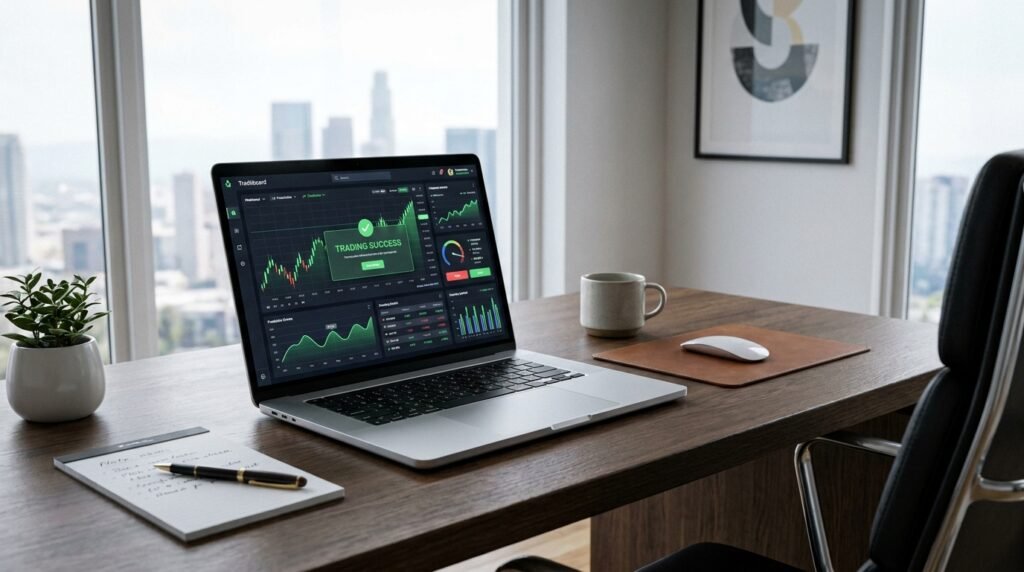 An open laptop displaying a secure, active Polymarket prediction trading dashboard on an office desk